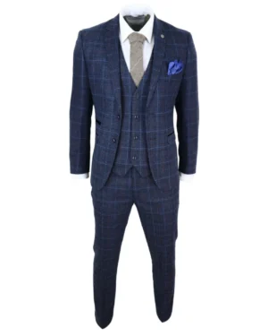 Men and Boys Navy Blue Tweed Check 3 Piece Suit Vintage