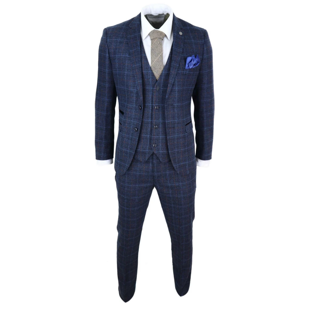 Paul Andrew Harvey Men's Navy Blue Tweed Check 3 Piece Suit