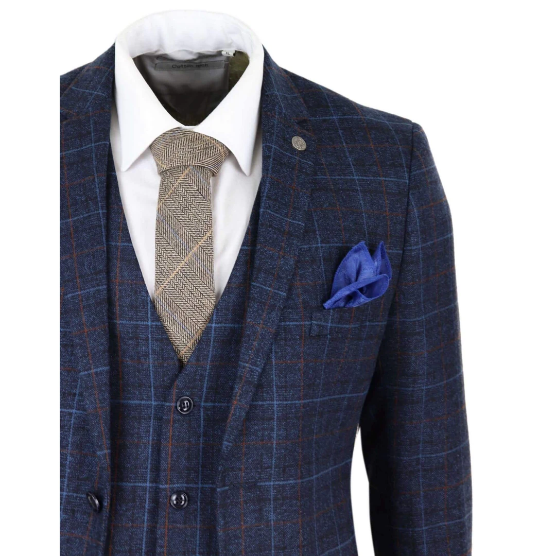 Paul Andrew Harvey Men's Navy Blue Tweed Check 3 Piece Suit