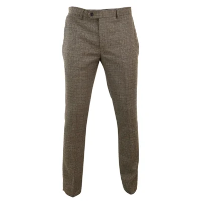 Men Brown Trousers Tweed Check Vintage Retro Peaky Blinders Tailored Fit 1920s