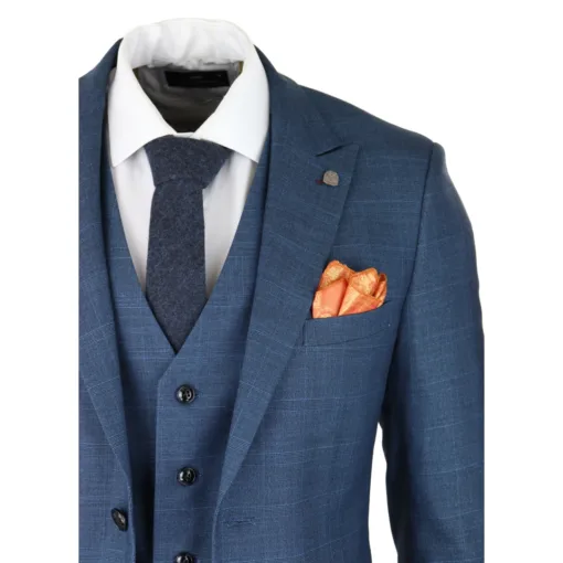 Paul Andrew Viceroy Mens 3 Piece Check Blue Light Modern Suit