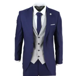 TruClothing 469 Men's 3 Piece Tweed Herringbone Blue Suit
