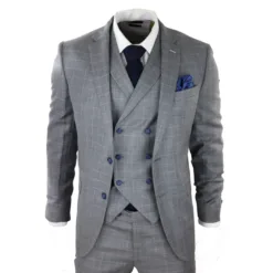 TruClothing Men Grey 3 Piece Suit Blue Check Double Breast