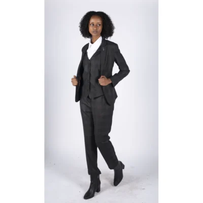 Women’s 3 Piece Suit Dark Grey Check Vintage Formal Smart Office Work Slim Fit