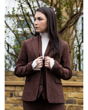 Women’s Rust Brown Tweed Suit Blazer Trousers Waistcoat Herringbone Wool Vintage