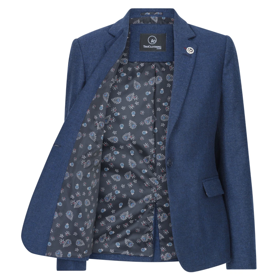 TruClothing Women's Tweed Blazer Jacket Waistcoat Navy Blue