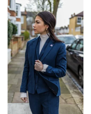 Women’s Navy Blue Tweed Herringbone Blazer Jacket Waistcoat Trousers