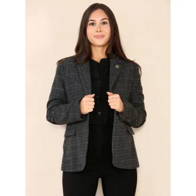 Women’s Tweed Check Waistcoat Blazer Suit Grey Classic Vintage Elbow Patch 1920s