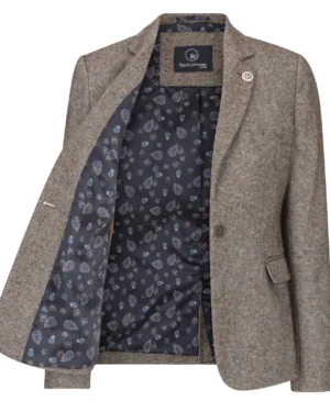 Women’s Tweed Blazer Jacket 1920s Vintage Elbow Patch Waistcoat Blinders Tan