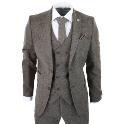 Men Oak Brown Wool 3 Piece Suit Double Breasted Waistcoat Tweed Peaky Blinders 1920s