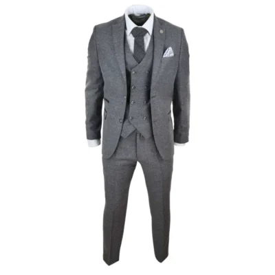 Men Grey Wool 3 Piece Suit Double Breasted Waistcoat Tweed Peaky Blinders 1920s
