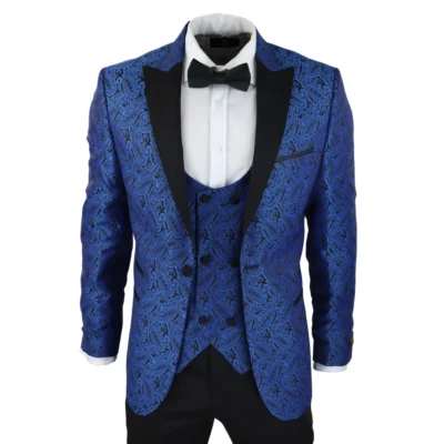 Men Paisley Blue Tuxedo Blazer And Waistcoat