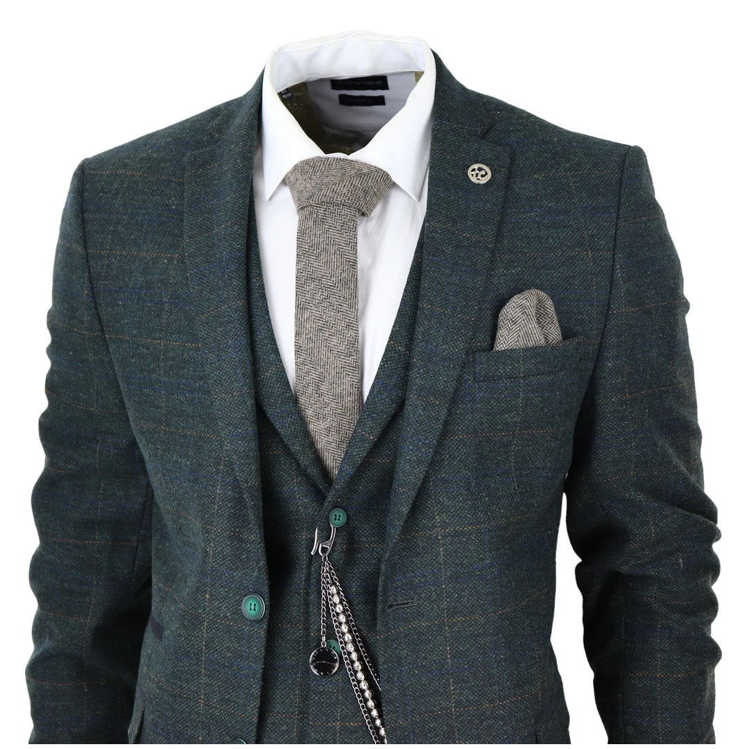 TruClothing stz71 Men's 3 Piece Suit Wool Tweed Green Check