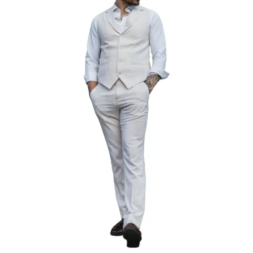 TruClothing tp-10 Mens Summer Suit Vest Trousers Linen Beige