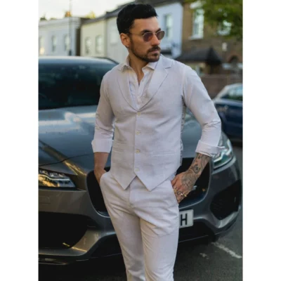 Men Summer Suit Waistcoat Trousers Linen Smart Formal Light Grey Wedding