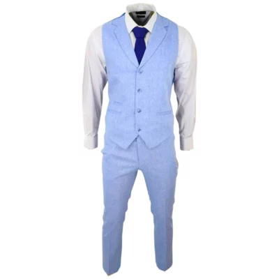 Men Summer Suit Waistcoat Trousers Linen Smart Formal Royal Blue Wedding
