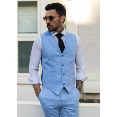 Men Summer Suit Waistcoat Trousers Linen Smart Formal Royal Blue Wedding