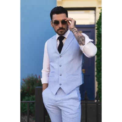 Men Summer Suit Waistcoat Trousers Linen Smart Formal Baby Blue Wedding