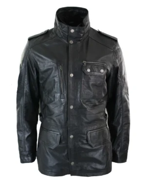 Men 3/4 Tailored Fit Safari Parka Jacket Genuine Real Leather Military Black