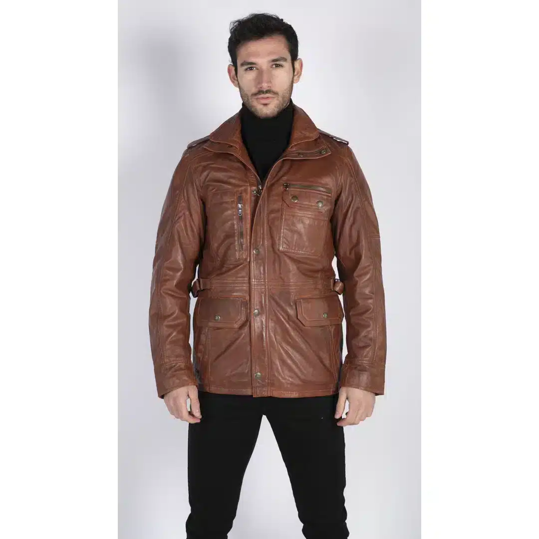 URBN 2233 Men's Parka Jacket Leather Black Brown Tan