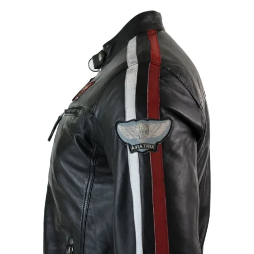 URBN 5209 Mens Black Leather Biker Jacket Red White Stripes