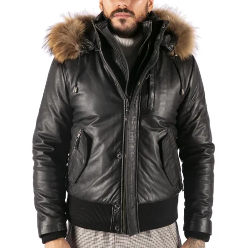 URBN Danny Men's Fur Hood Bomber Leather Jacket Black