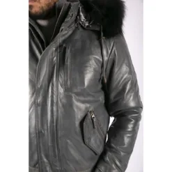 URBN Danny Men's Fur Hood Bomber Leather Jacket Black