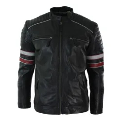 URBN Men's Black Biker Jacket Red White Stripes Leather