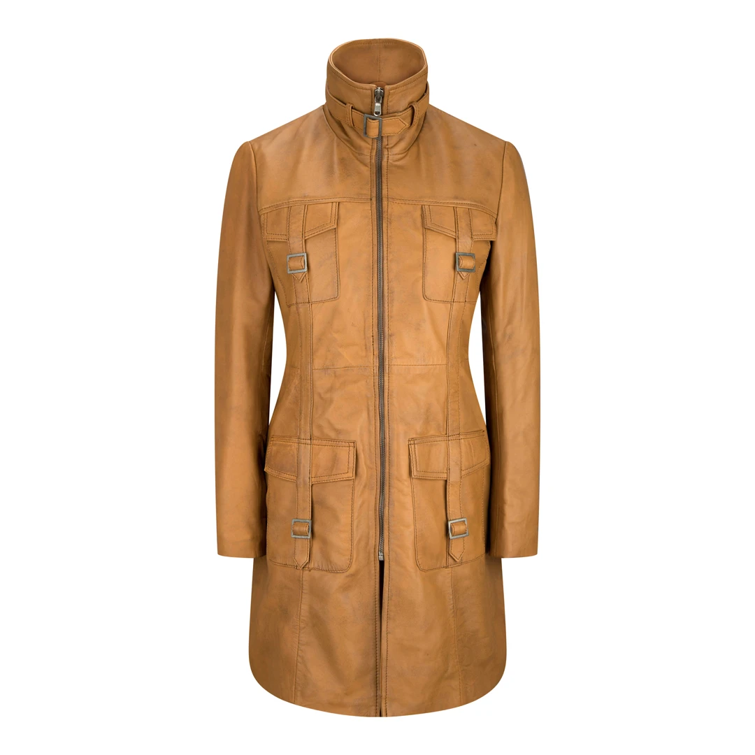 URBN New Jude Black Tan Women's Leather Trench Coat
