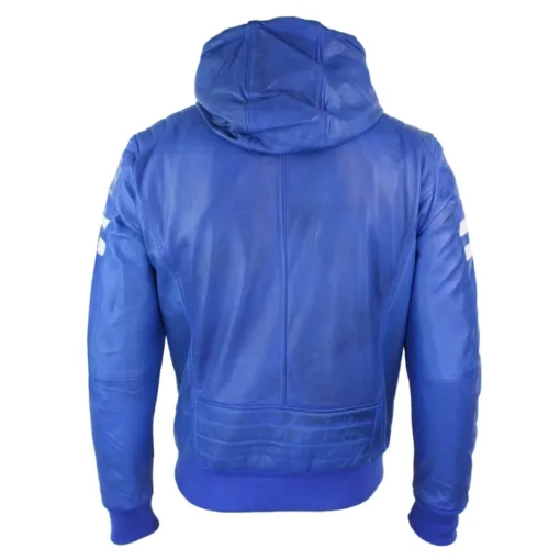 URBN Remmy Men's Blue Black Hood Leather Bomber Jacket