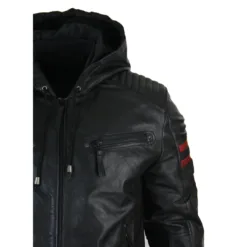 URBN Remmy Men's Blue Black Hood Leather Bomber Jacket
