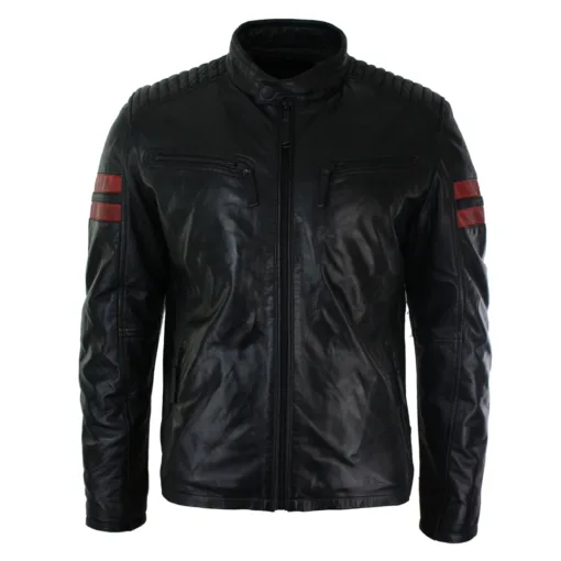 URBN Remmy Men's Leather Biker Jacket Red Stripes Zip Black