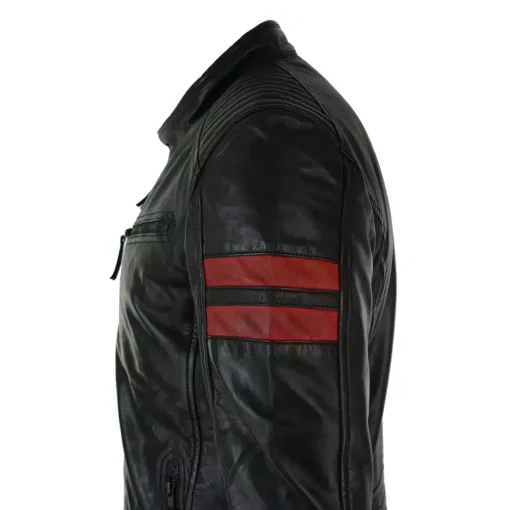 URBN Remmy Men's Leather Biker Jacket Red Stripes Zip Black
