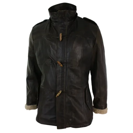URBN Tuffy Men's Leather Hood Duffle Jacket Fur Tan Brown