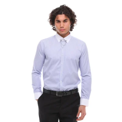 Mens Stripe Button Down Poplin Shirt With Bar & Chain Smart Formal Classic