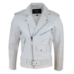 Men's Leather Biker Jacket Cross Zip Brando White Grease