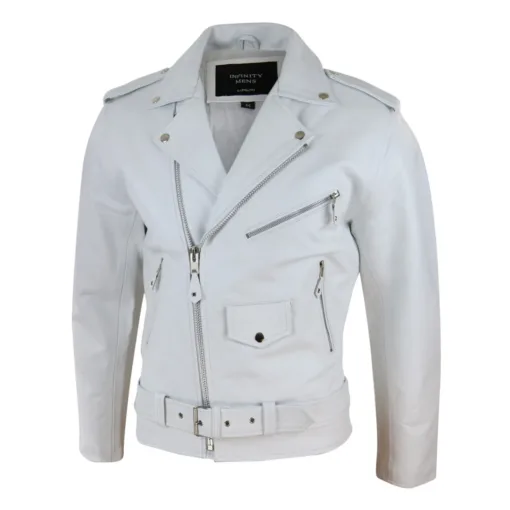 Men's Leather Biker Jacket Cross Zip Brando White Grease